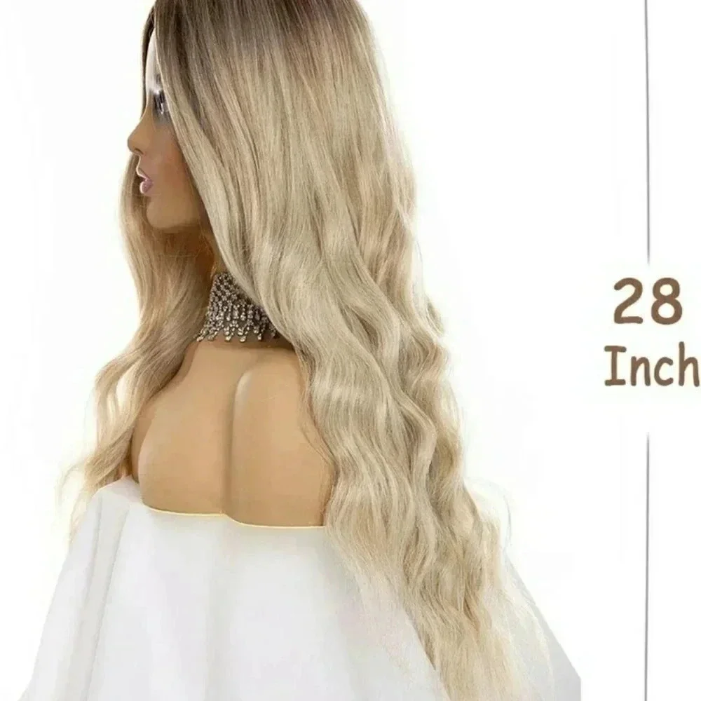aSulis Natural Long Wavy Curly Wig Dark Roots Ombre Ash Blonde Wig Synthetic 28